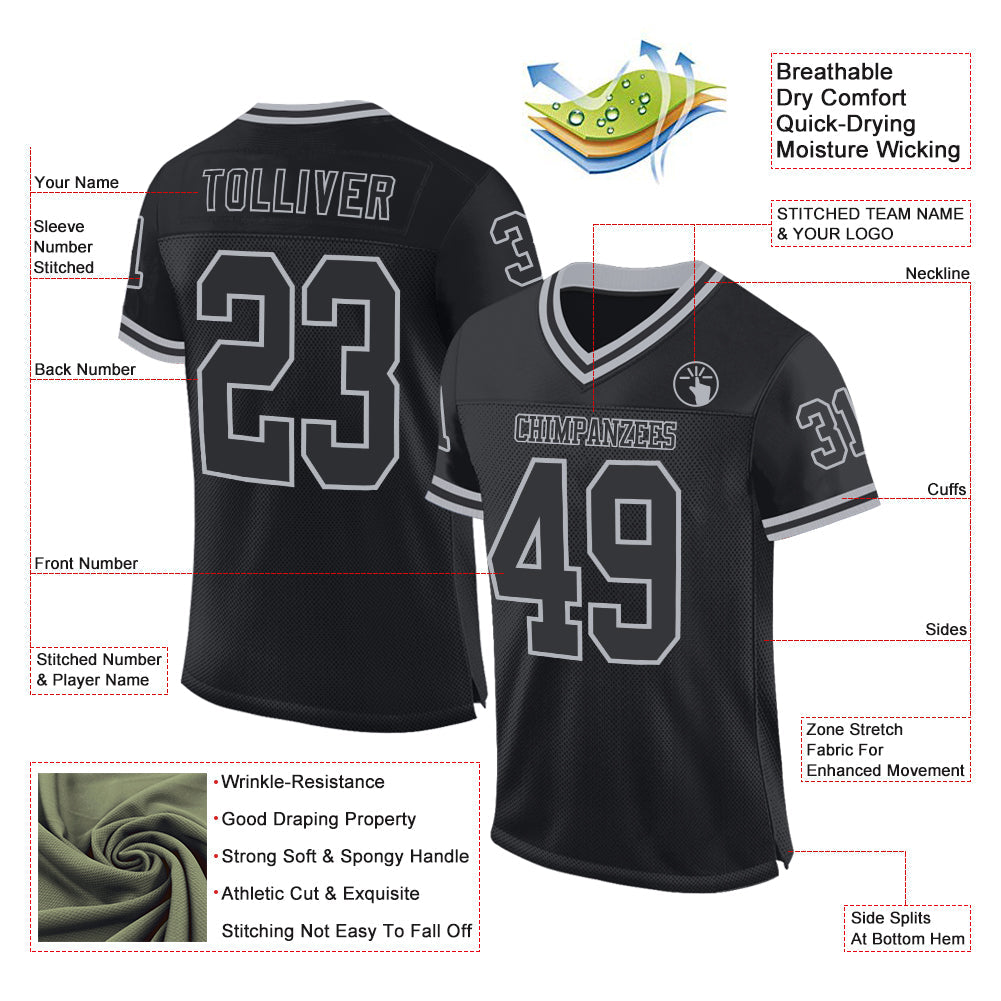 Custom Black Gray Mesh Authentic Throwback Football Jersey view 2