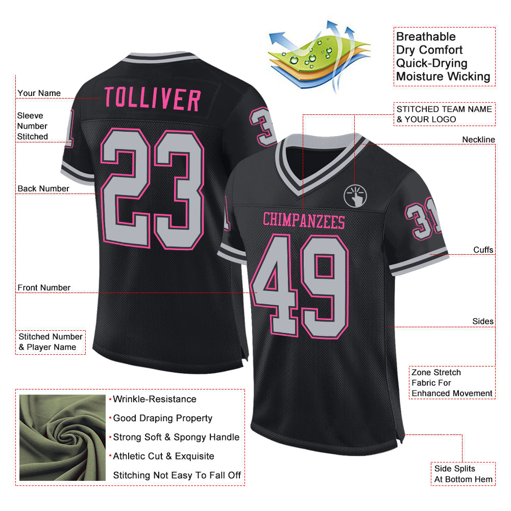 Custom Black Gray-Pink Mesh Authentic Throwback Football Jersey view 2
