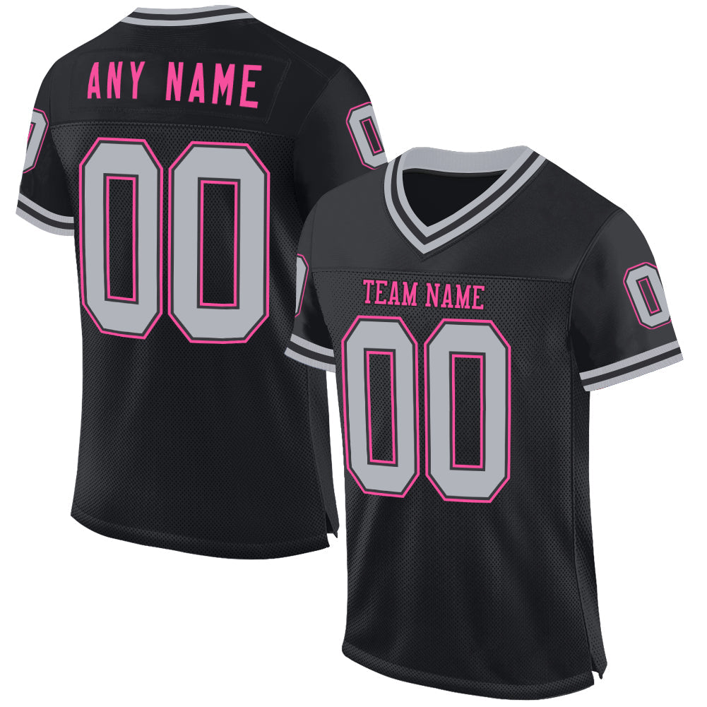 Custom Black Gray-Pink Mesh Authentic Throwback Football Jersey - Main View