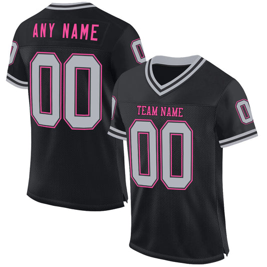 Custom Black Gray-Pink Mesh Authentic Throwback Football Jersey - Main View