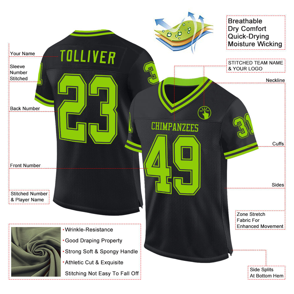 Custom Black Neon Green Mesh Authentic Throwback Football Jersey view 2
