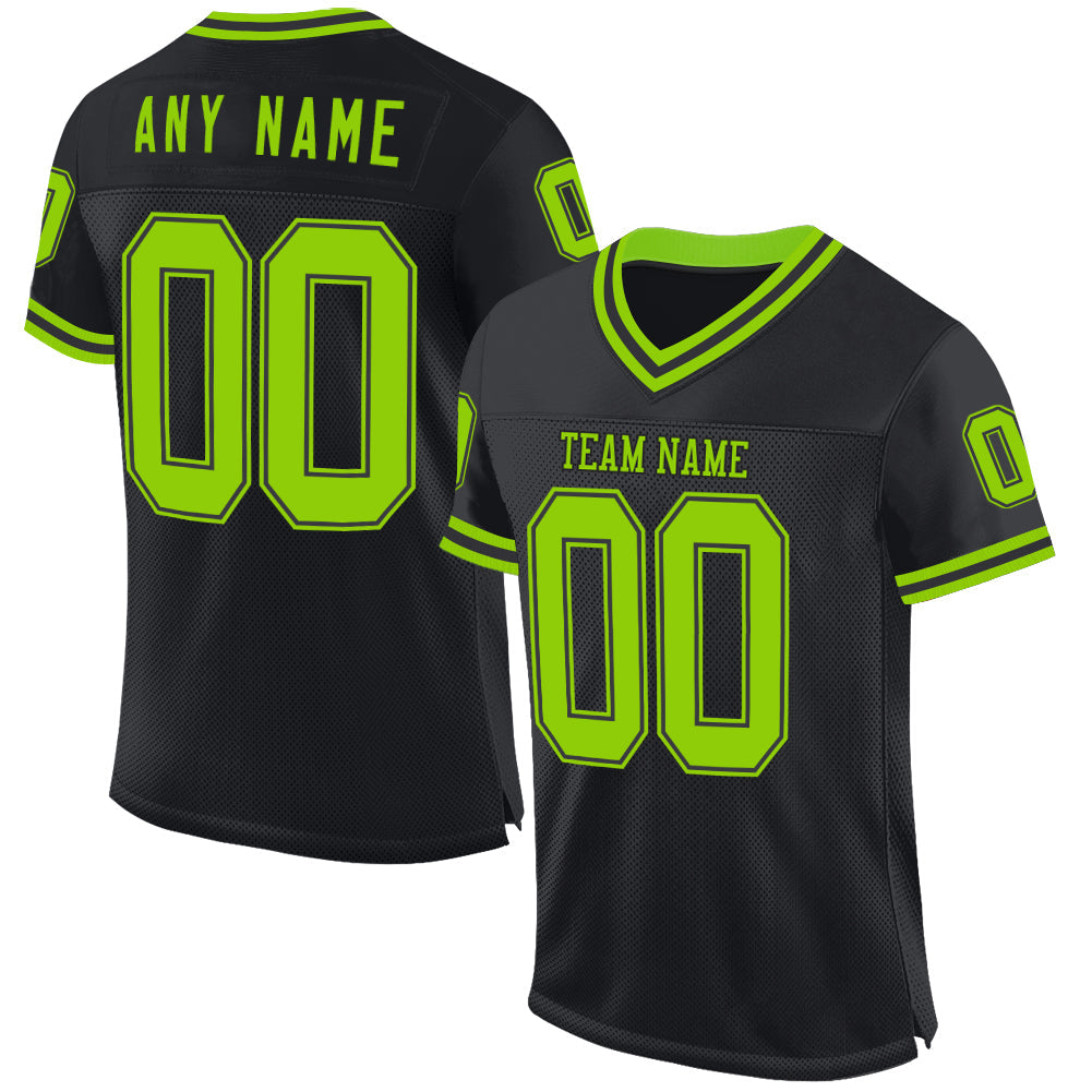 Custom Black Neon Green Mesh Authentic Throwback Football Jersey - Main View