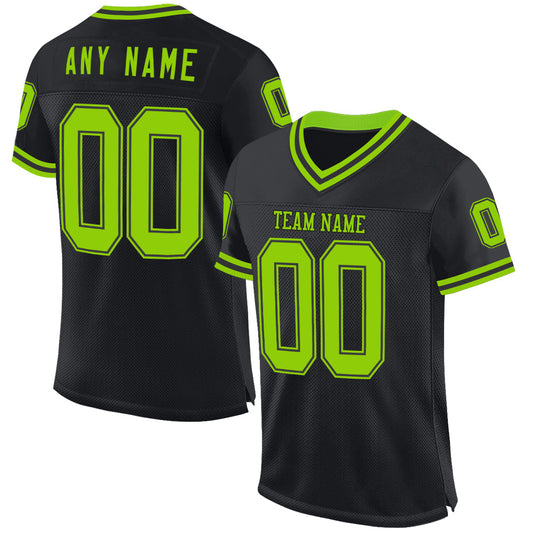 Custom Black Neon Green Mesh Authentic Throwback Football Jersey - Main View