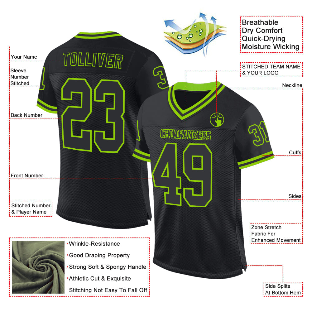 Custom Black Neon Green Mesh Authentic Throwback Football Jersey view 2