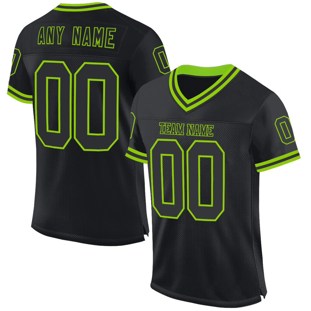 Custom Black Neon Green Mesh Authentic Throwback Football Jersey - Main View