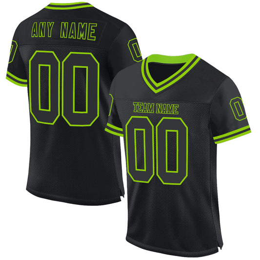 Custom Black Neon Green Mesh Authentic Throwback Football Jersey - Main View