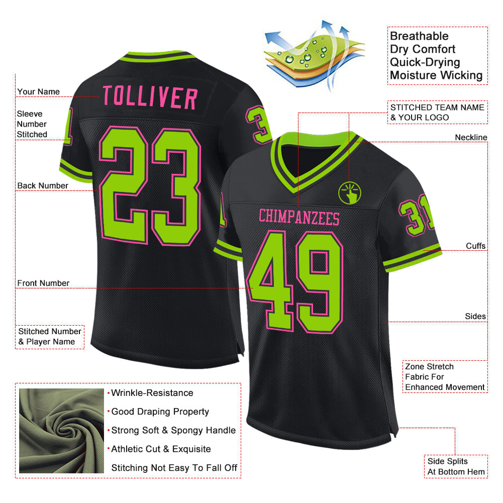 Custom Black Neon Green-Pink Mesh Authentic Throwback Football Jersey view 2