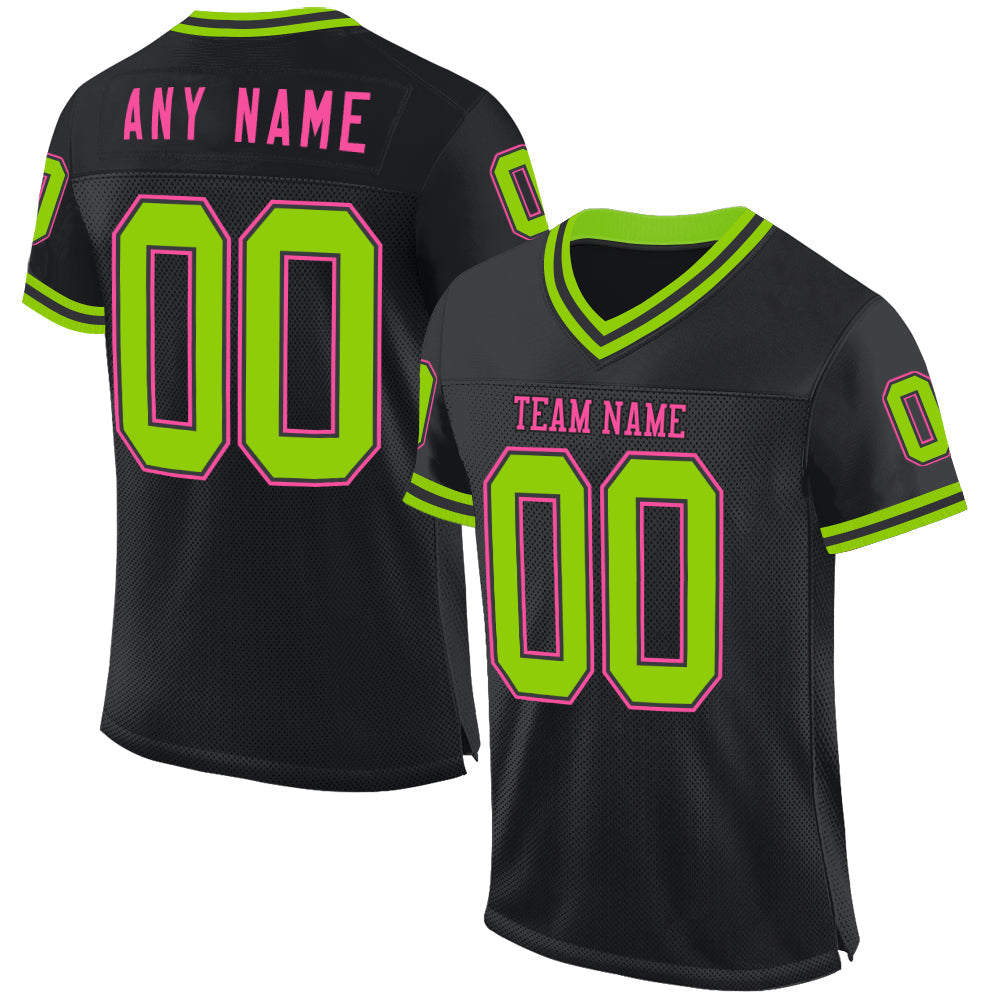 Custom Black Neon Green-Pink Mesh Authentic Throwback Football Jersey - Main View