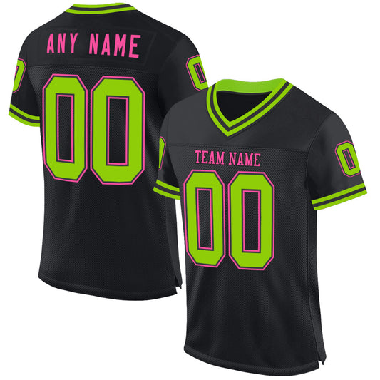 Custom Black Neon Green-Pink Mesh Authentic Throwback Football Jersey - Main View