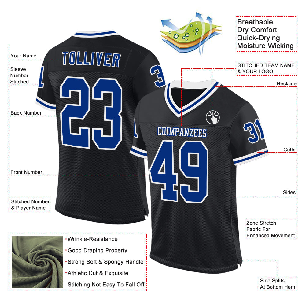 Custom Black Royal-White Mesh Authentic Throwback Football Jersey view 2