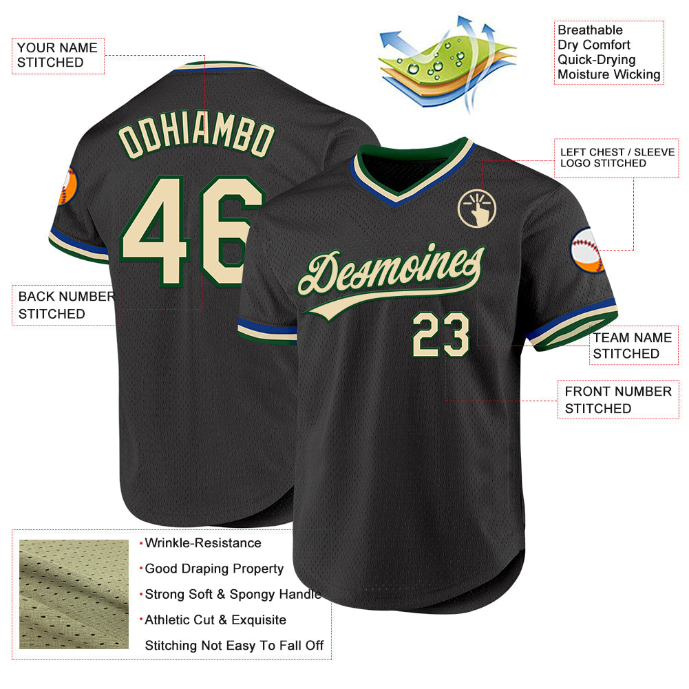 Custom Black Cream Green-Royal Authentic Throwback Baseball Jersey view 3