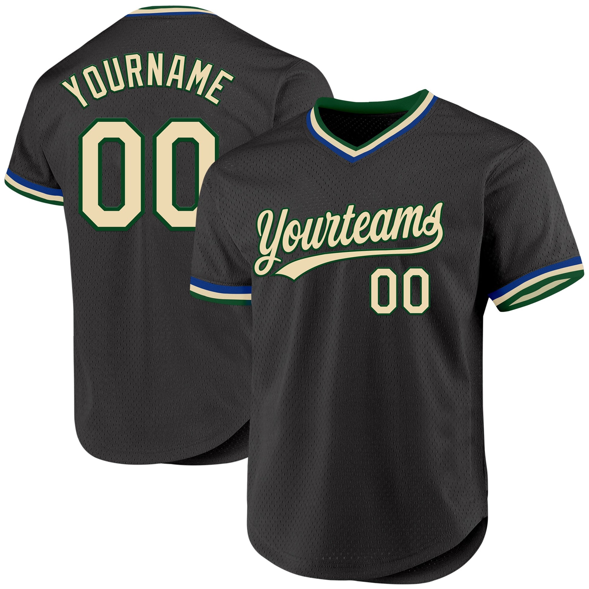 Custom Black Cream Green-Royal Authentic Throwback Baseball Jersey - Main View
