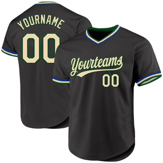 Custom Black Cream Green-Royal Authentic Throwback Baseball Jersey - Main View