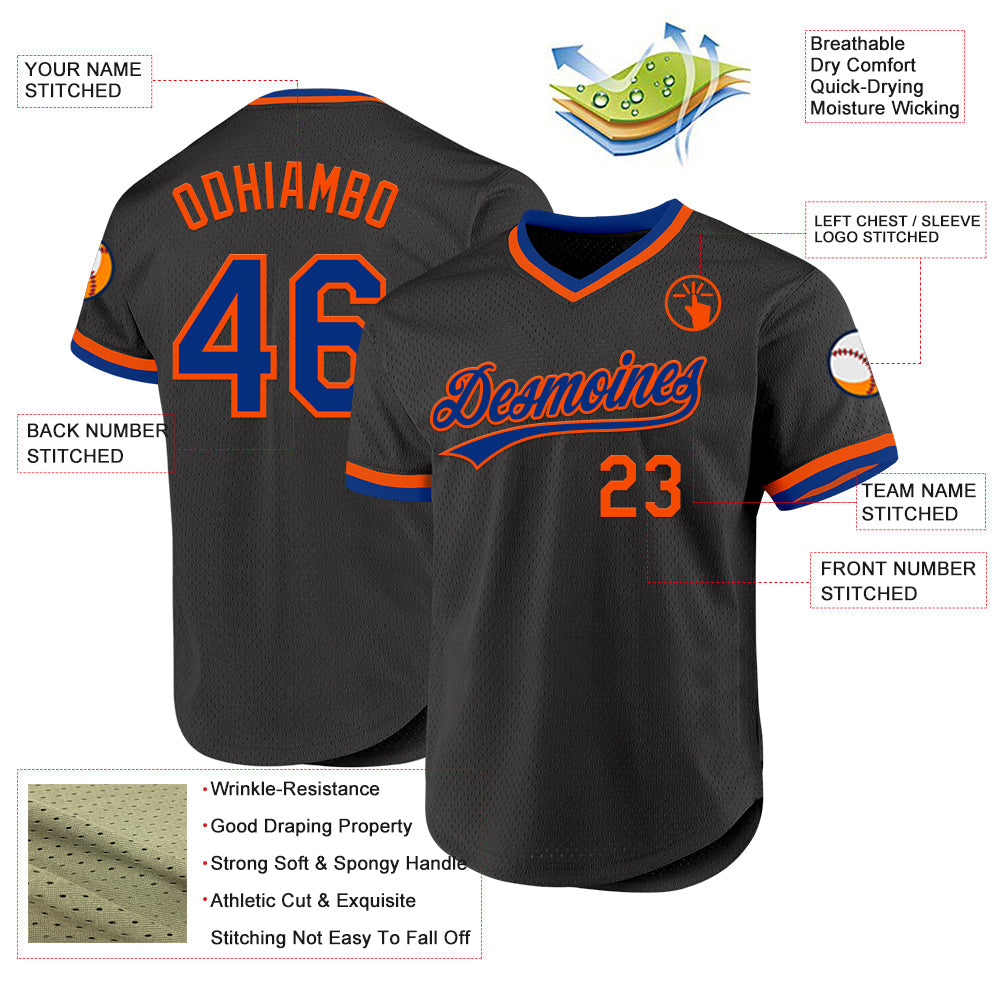 Custom Black Royal-Orange Authentic Throwback Baseball Jersey view 3