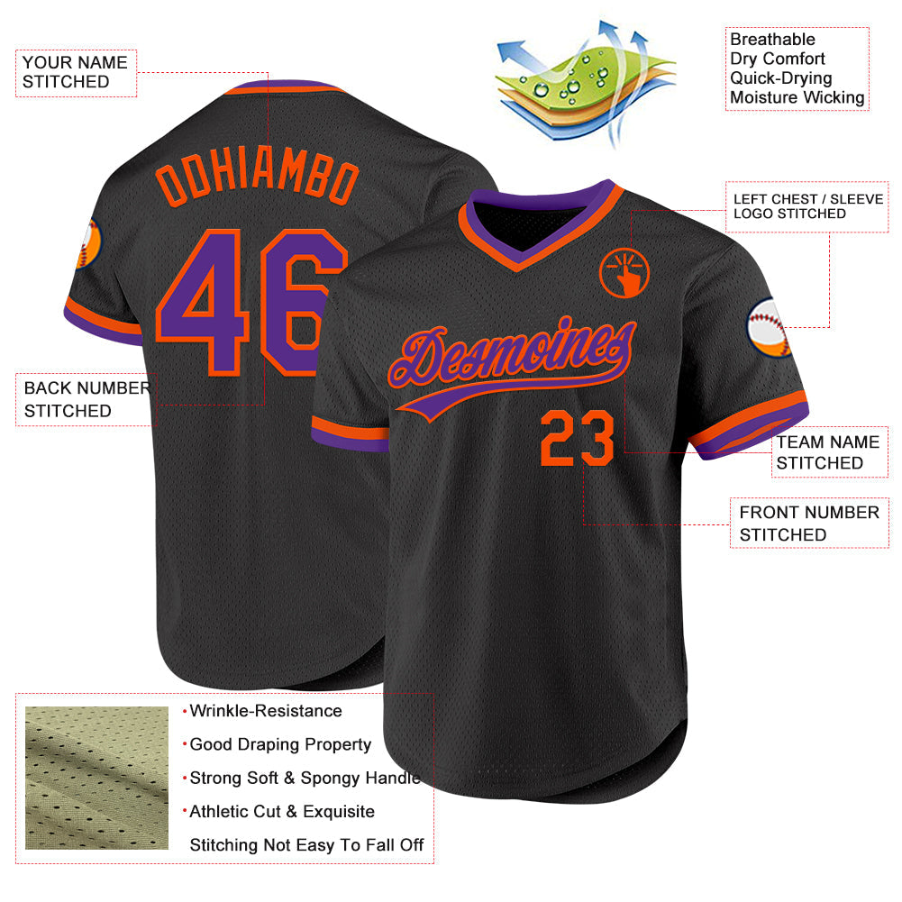 Custom Black Purple-Orange Authentic Throwback Baseball Jersey view 3