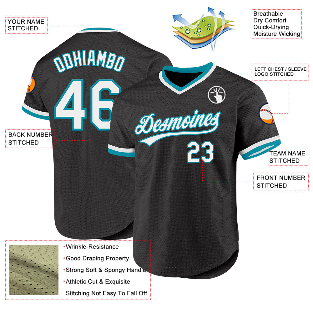 Custom Black White-Teal Authentic Throwback Baseball Jersey view 3