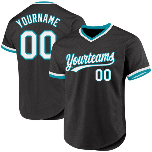 Custom Black White-Teal Authentic Throwback Baseball Jersey - Main View