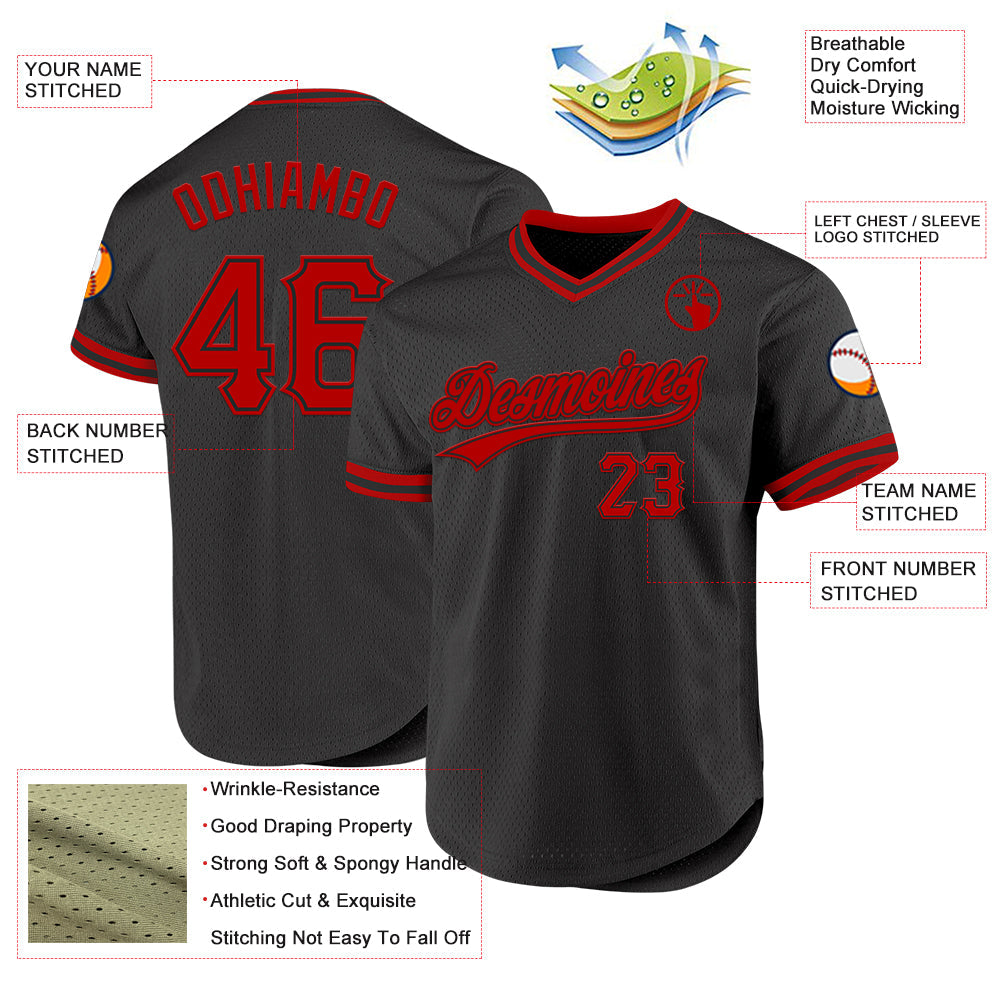 Custom Black Red Authentic Throwback Baseball Jersey view 3