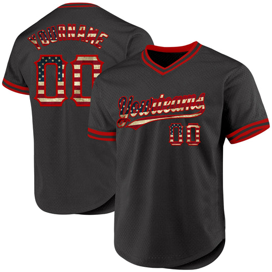 Custom Black Vintage USA Flag-Red Authentic Throwback Baseball Jersey - Main View