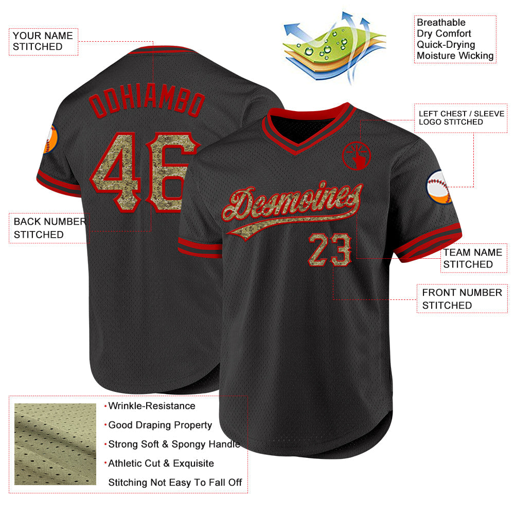 Custom Black Camo-Red Authentic Throwback Baseball Jersey view 3