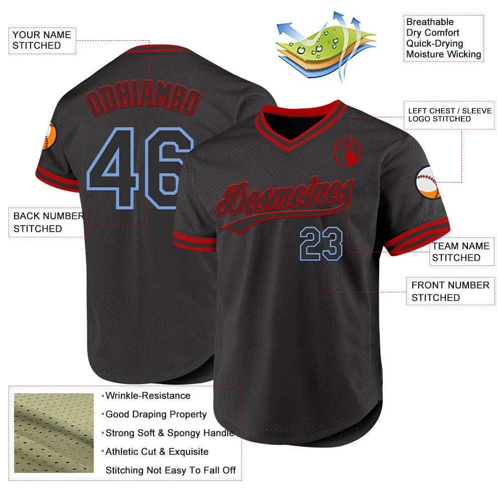 Custom Black Light Blue-Red Authentic Throwback Baseball Jersey view 3