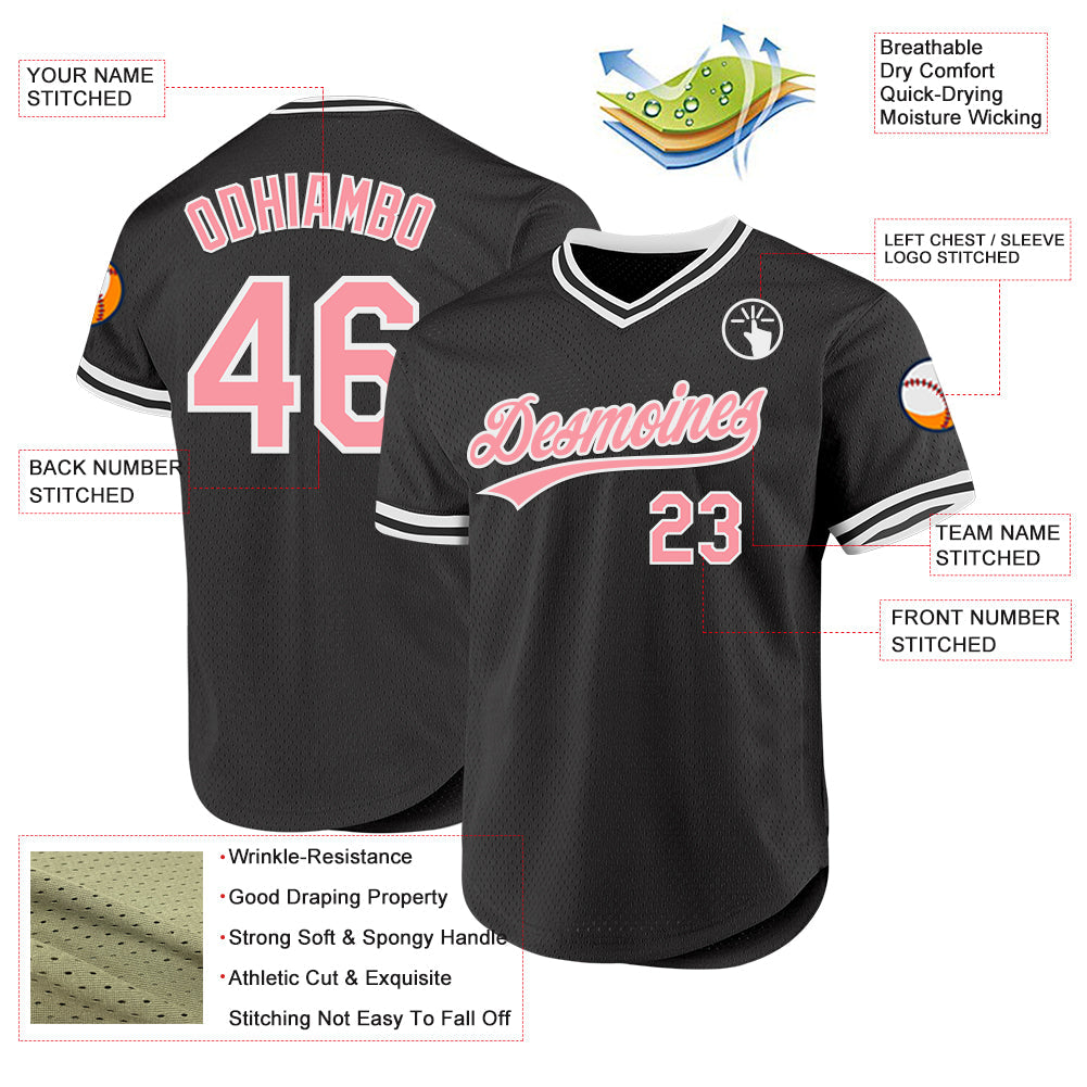 Custom Black Medium Pink-White Authentic Throwback Baseball Jersey view 3
