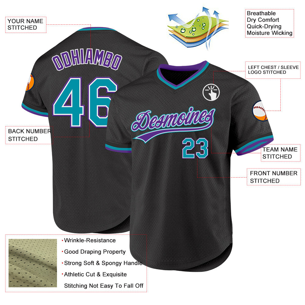 Custom Black Teal-Purple Authentic Throwback Baseball Jersey view 3