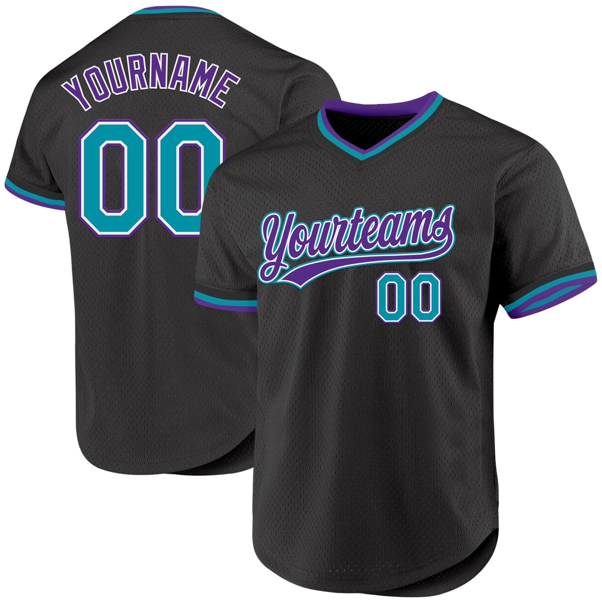 Custom Black Teal-Purple Authentic Throwback Baseball Jersey - Main View