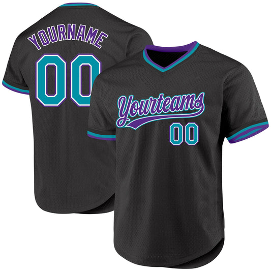 Custom Black Teal-Purple Authentic Throwback Baseball Jersey - Main View