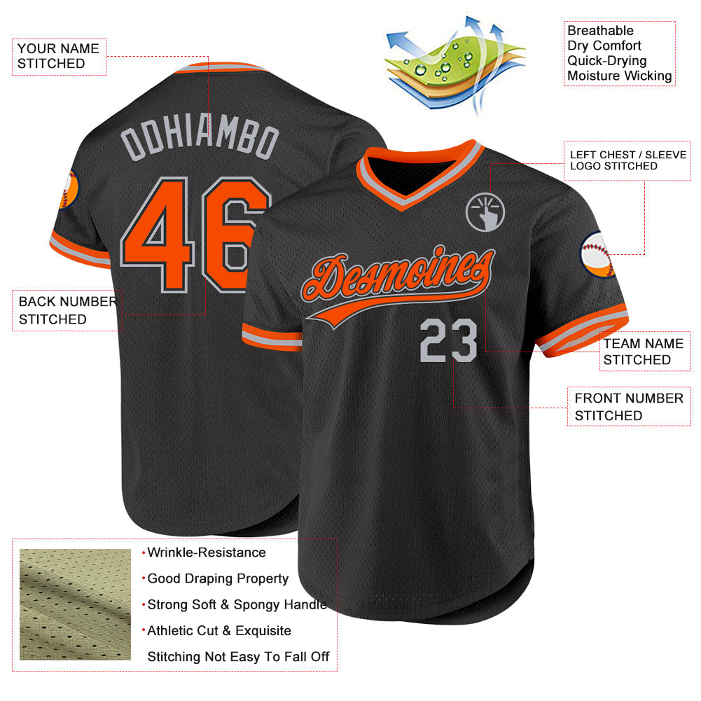 Custom Black Orange-Gray Authentic Throwback Baseball Jersey view 3