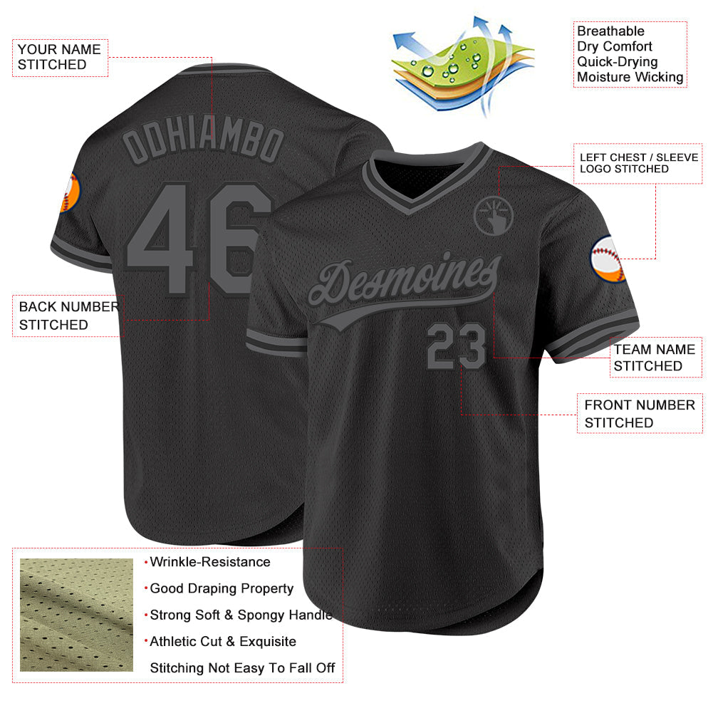 Custom Black Steel Gray Authentic Throwback Baseball Jersey view 3