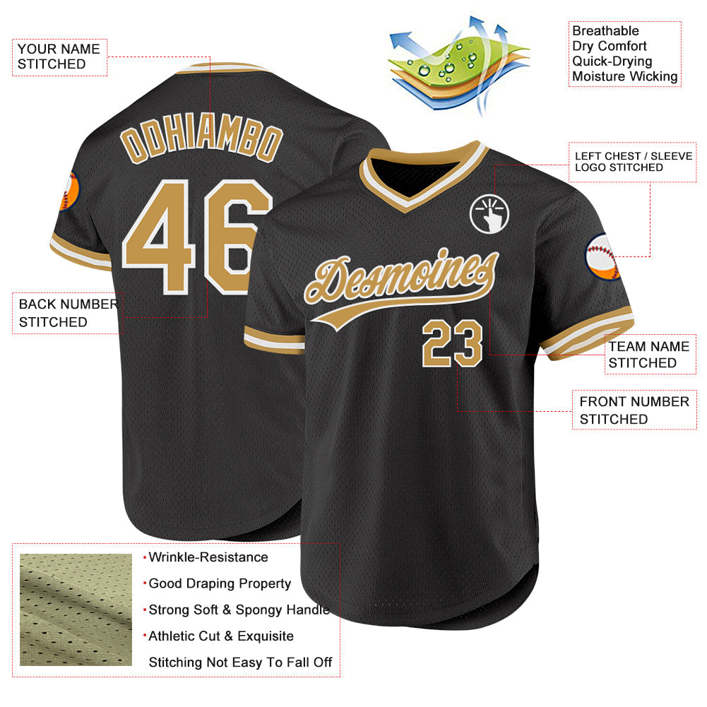 Custom Black Old Gold-White Authentic Throwback Baseball Jersey view 3