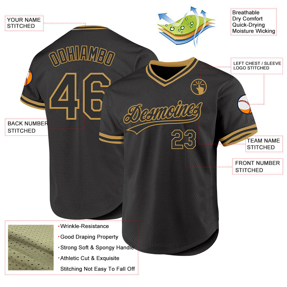 Custom Black Old Gold Authentic Throwback Baseball Jersey view 3