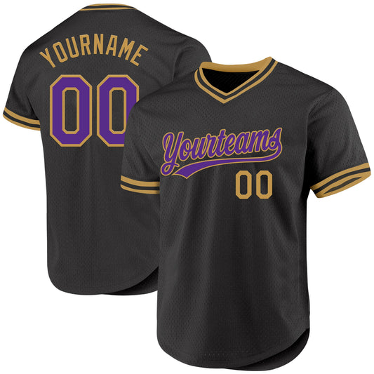 Custom Black Purple-Old Gold Authentic Throwback Baseball Jersey - Main View