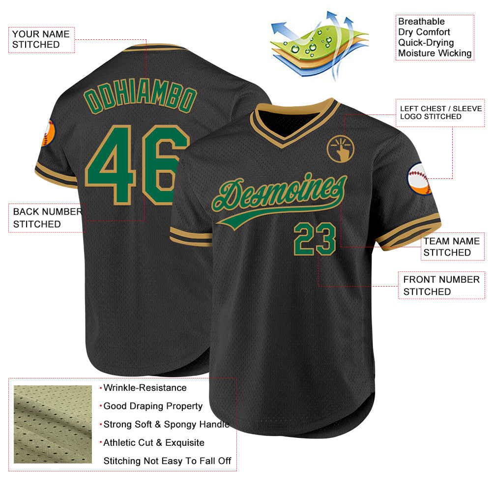 Custom Black Kelly Green-Old Gold Authentic Throwback Baseball Jersey view 3