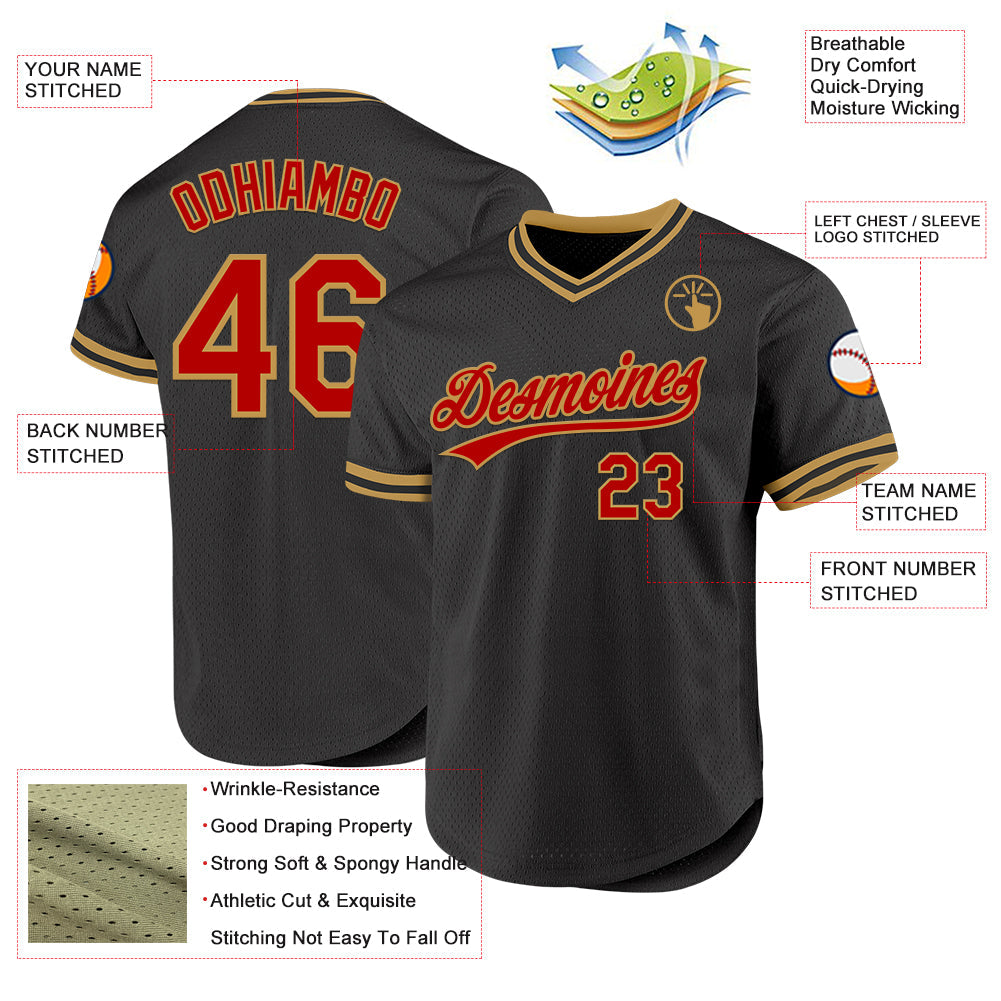 Custom Black Red-Old Gold Authentic Throwback Baseball Jersey view 3