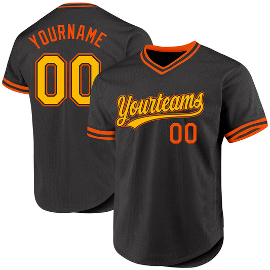 Custom Black Gold-Orange Authentic Throwback Baseball Jersey - Main View