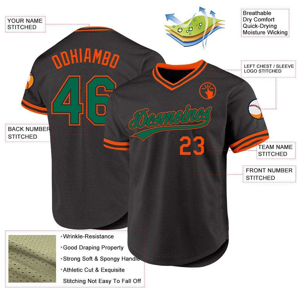 Custom Black Kelly Green-Orange Authentic Throwback Baseball Jersey view 3