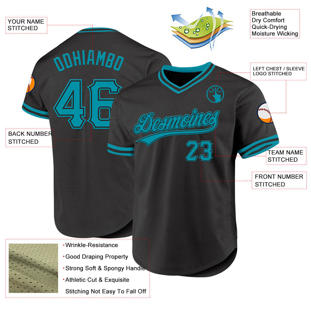 Custom Black Teal Authentic Throwback Baseball Jersey view 3