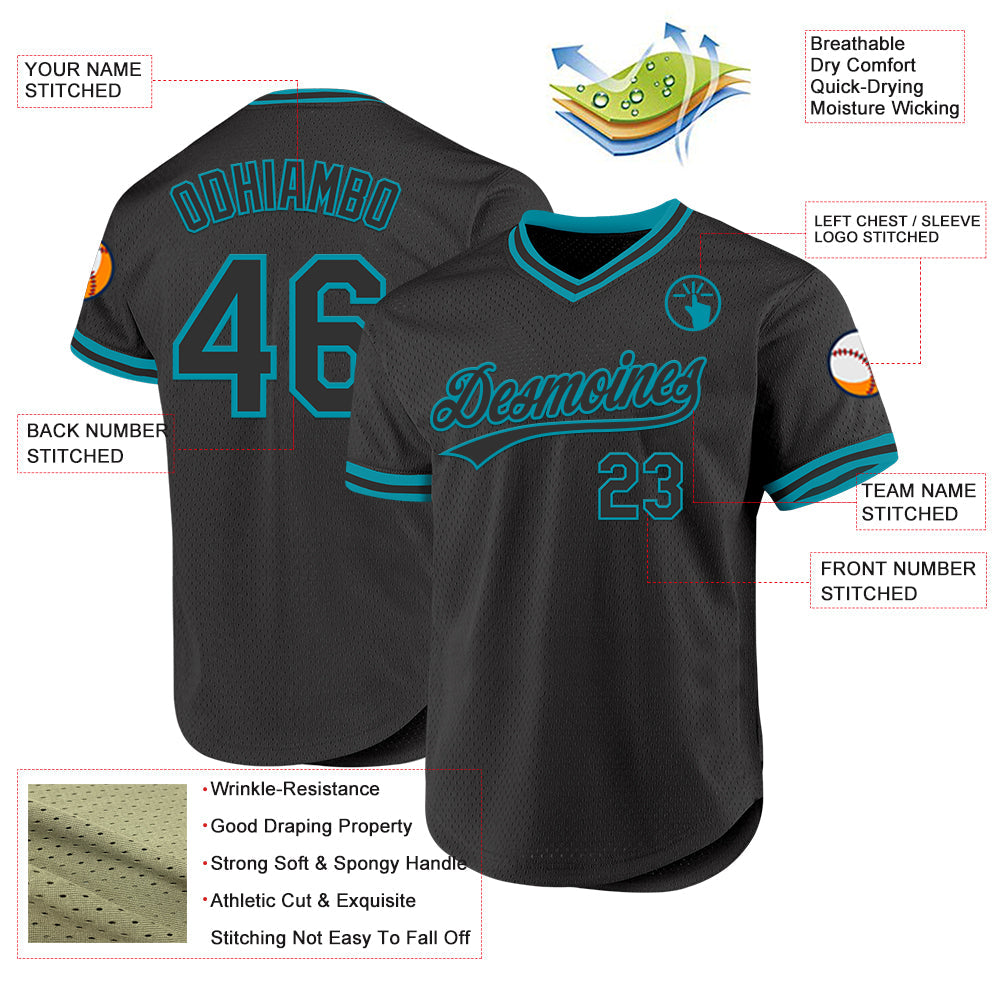 Custom Black Teal Authentic Throwback Baseball Jersey view 3