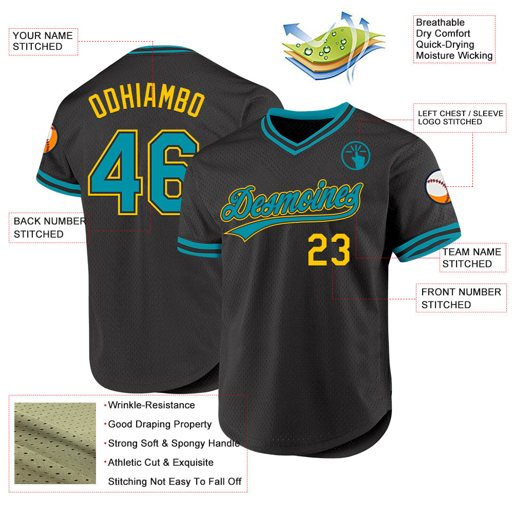 Custom Black Teal-Yellow Authentic Throwback Baseball Jersey view 3
