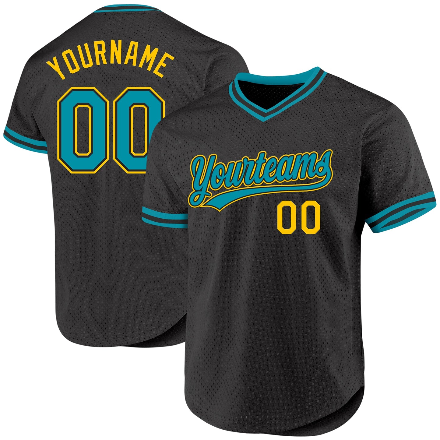Custom Black Teal-Yellow Authentic Throwback Baseball Jersey - Main View