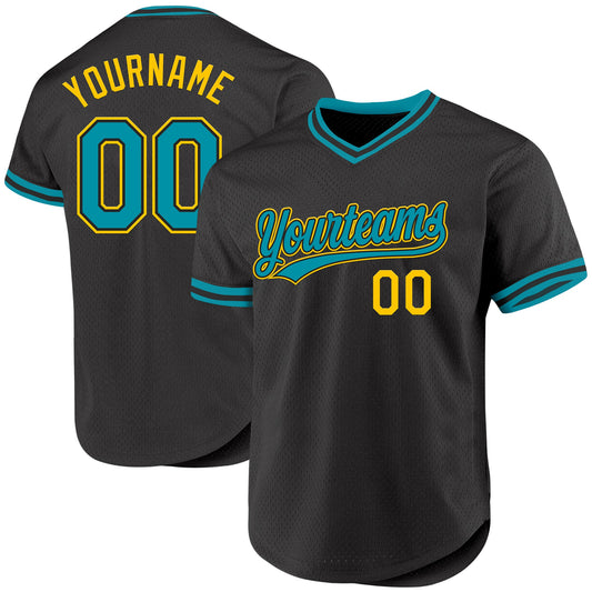 Custom Black Teal-Yellow Authentic Throwback Baseball Jersey - Main View