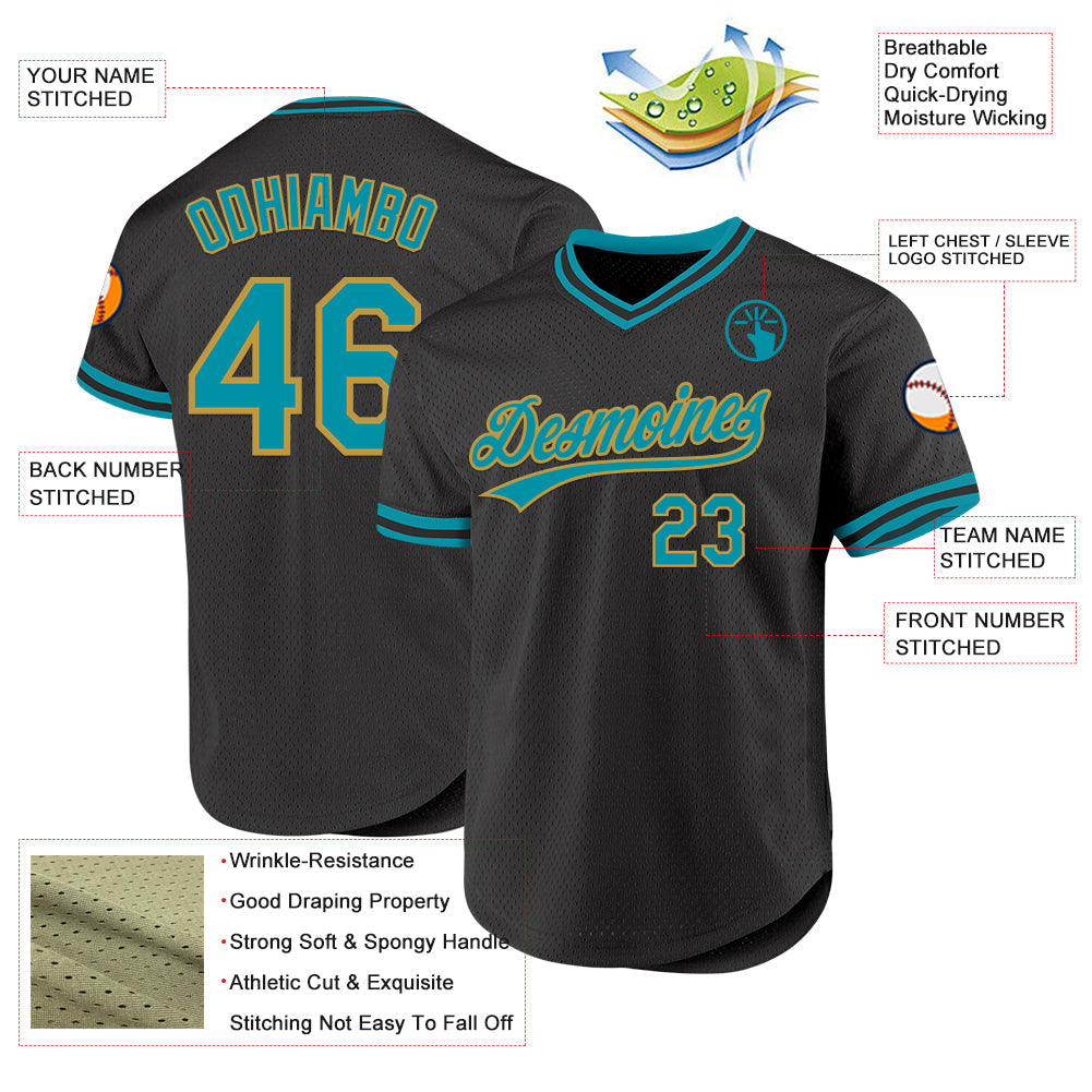 Custom Black Teal-Old Gold Authentic Throwback Baseball Jersey view 3