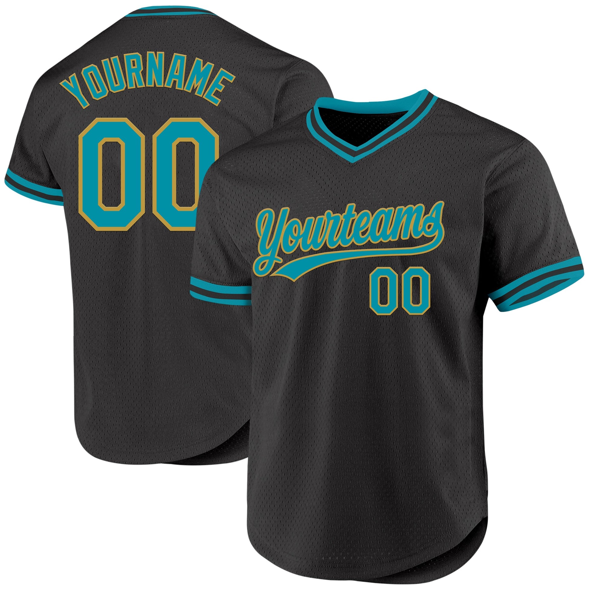 Custom Black Teal-Old Gold Authentic Throwback Baseball Jersey - Main View