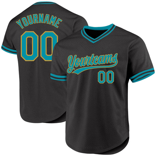 Custom Black Teal-Old Gold Authentic Throwback Baseball Jersey - Main View
