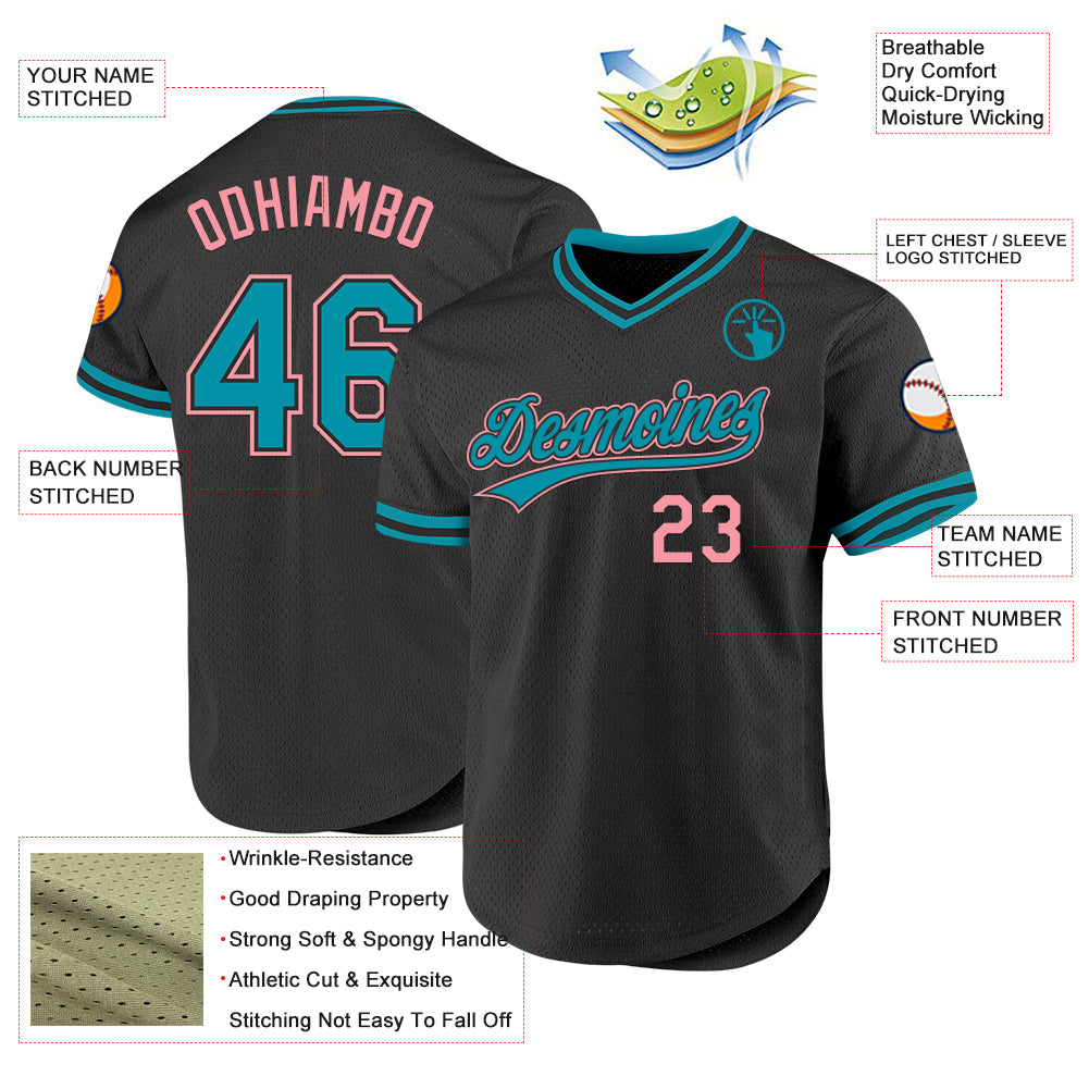 Custom Black Teal-Medium Pink Authentic Throwback Baseball Jersey view 3