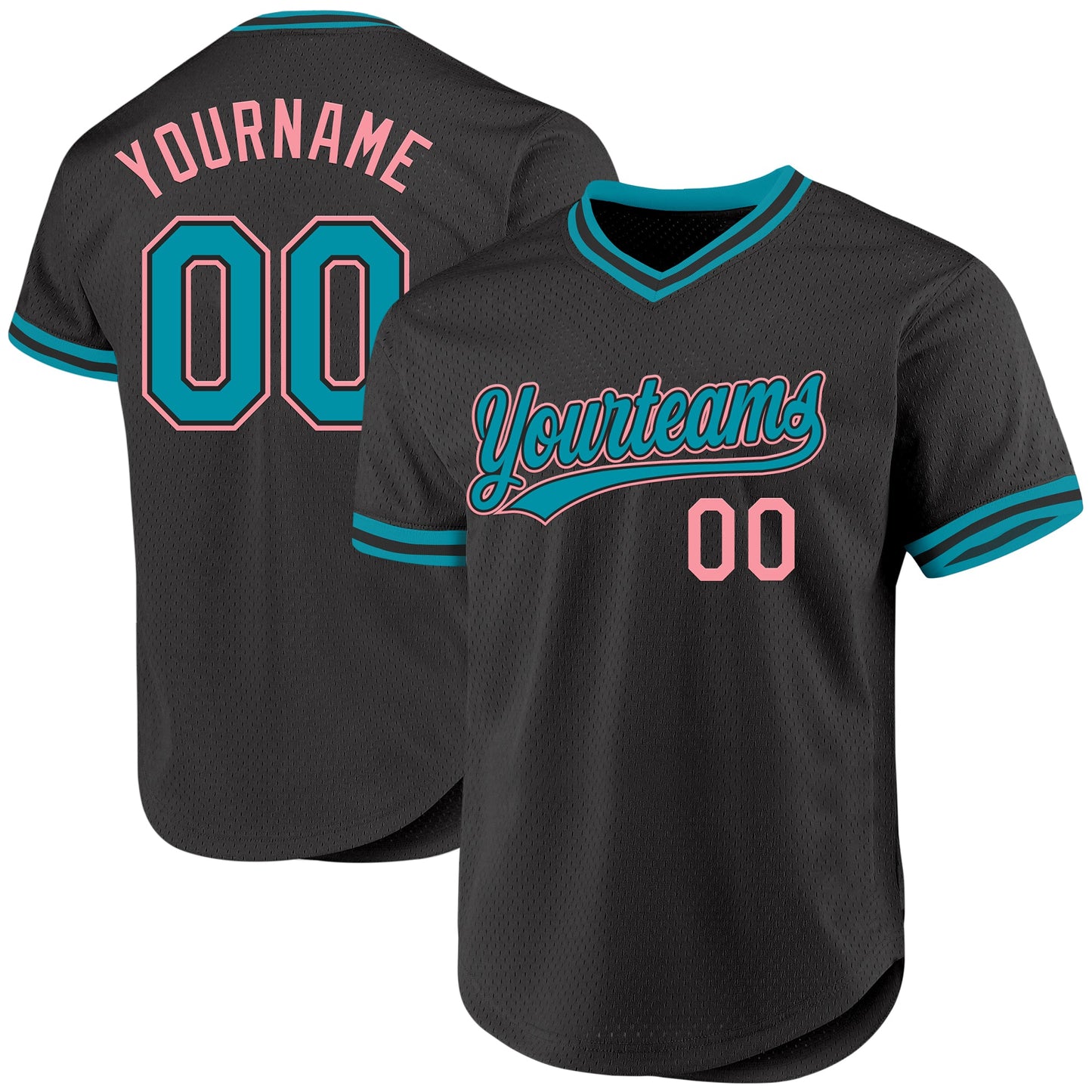 Custom Black Teal-Medium Pink Authentic Throwback Baseball Jersey - Main View