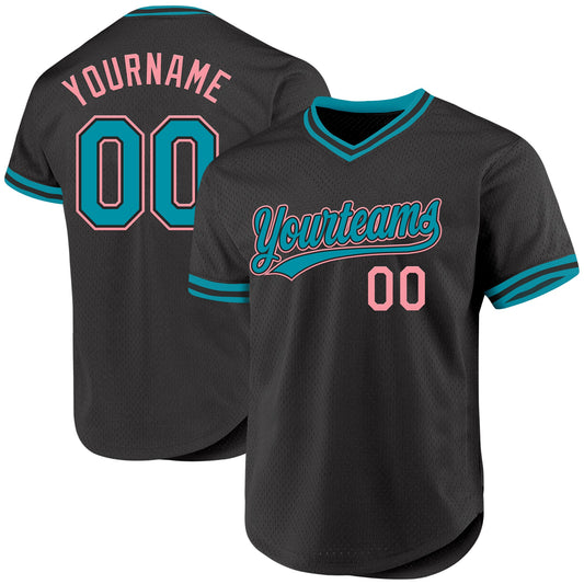Custom Black Teal-Medium Pink Authentic Throwback Baseball Jersey - Main View