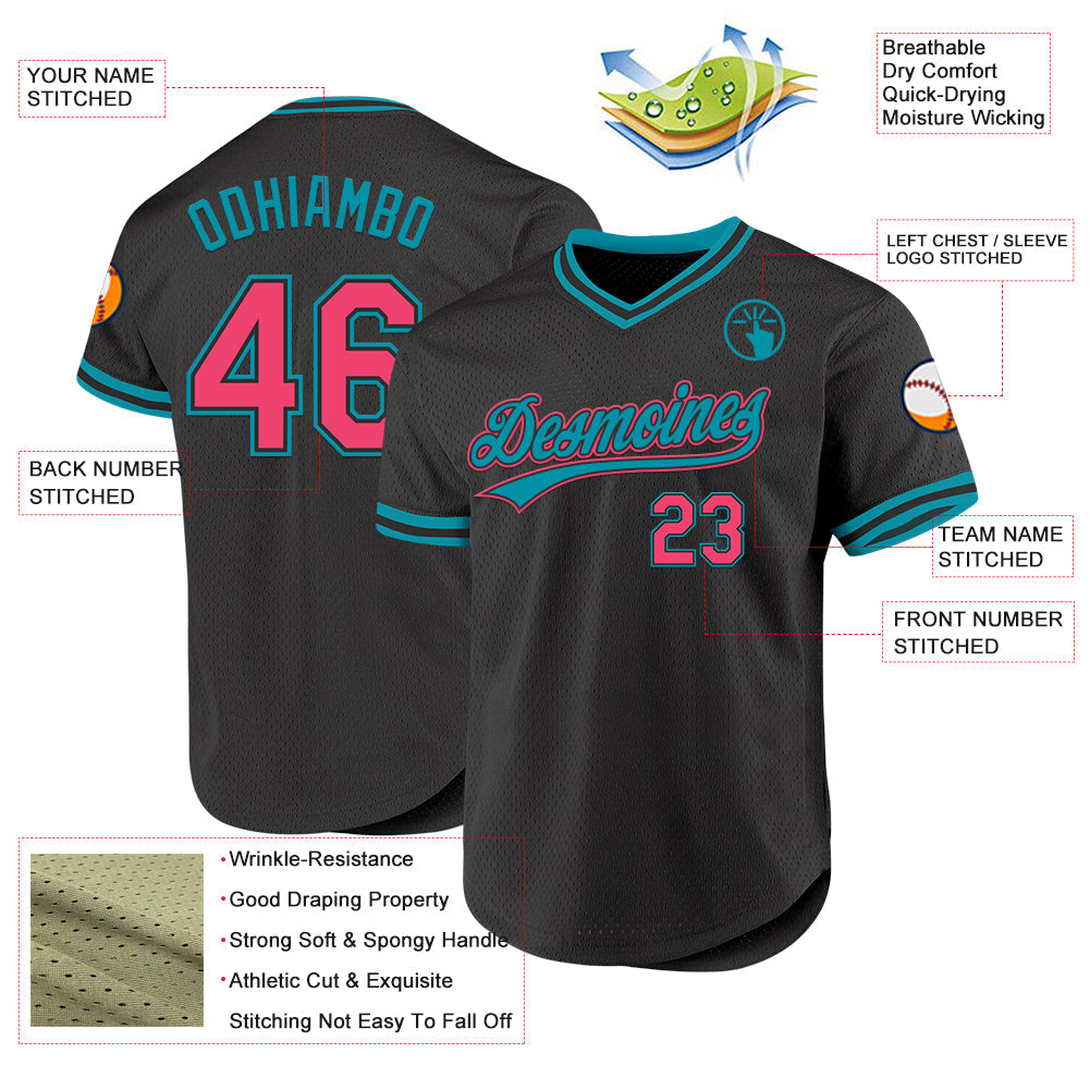 Custom Black Neon Pink-Teal Authentic Throwback Baseball Jersey view 3